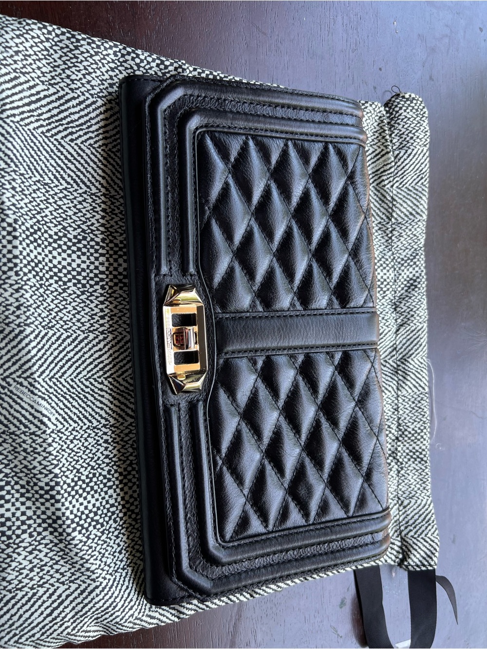 Rebecca Minkoff Black Quilted Leather Clutch with Gold-Tone Hardware